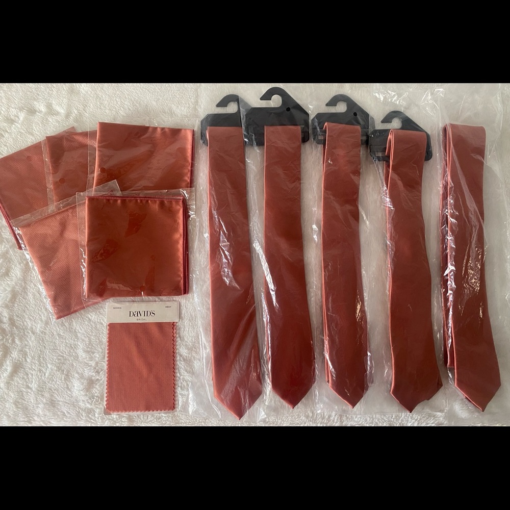 5 ties and 5 pocket squares in David’s Bridal Sedona color